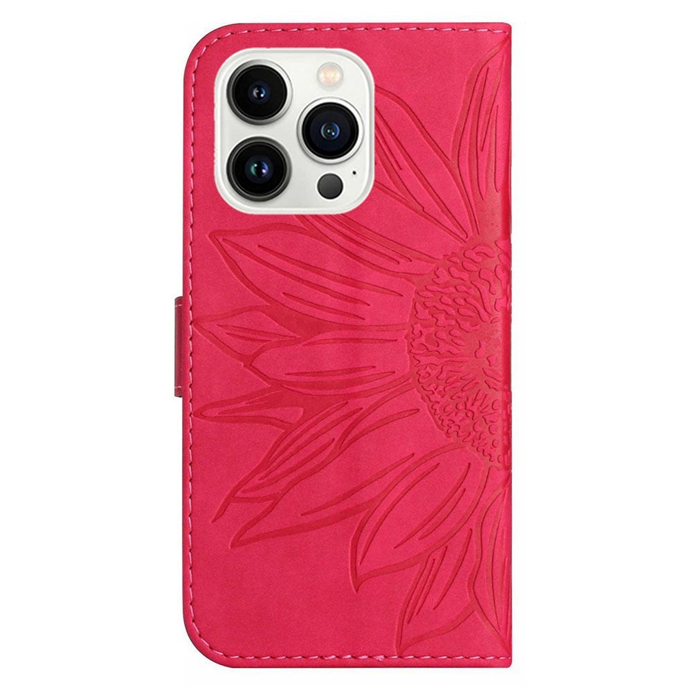 iPhone 15 Pro Læder Flip Cover m. Pung & Strop - Solsikke Indgravering - Lyserød
