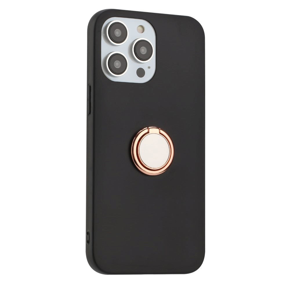 iPhone 15 Pro Fleksibelt Plastik Bagside Cover m. Magnetisk Ring Kickstand - Sort m. Rose Gold Ring