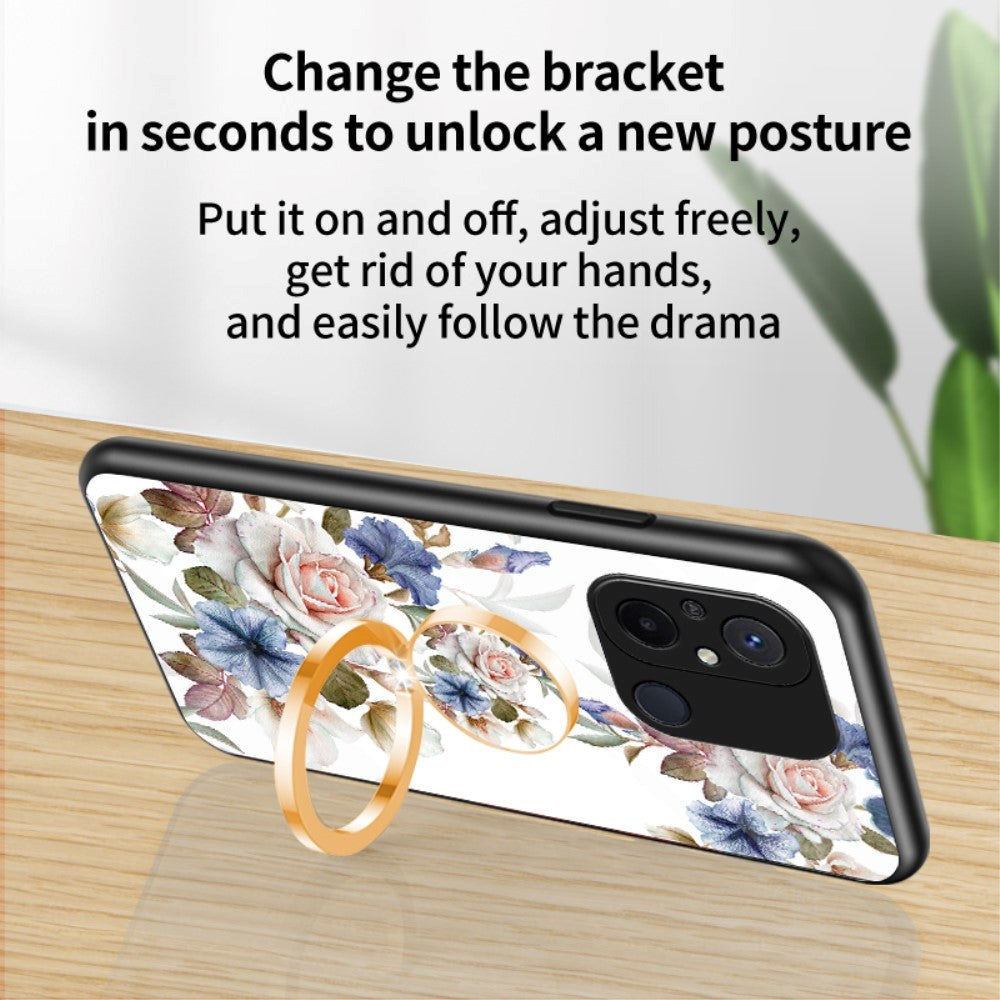 Xiaomi Redmi 12C Plastik Bagside Cover m. Glasbagside & Magnetisk Kickstand / Finger Ring - Hvid m. Blomster