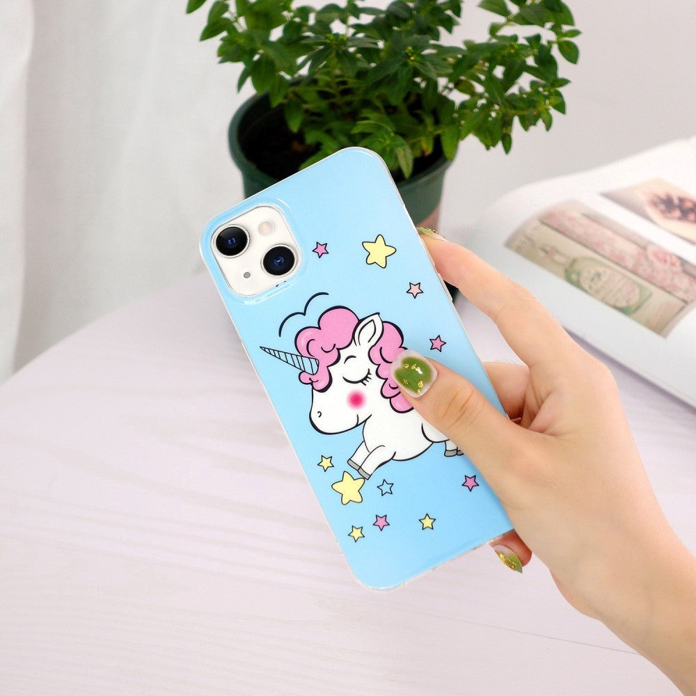 iPhone 15 Selvlysende Fleksibel Bagside Cover af Plastik m. Print - Enhjørning