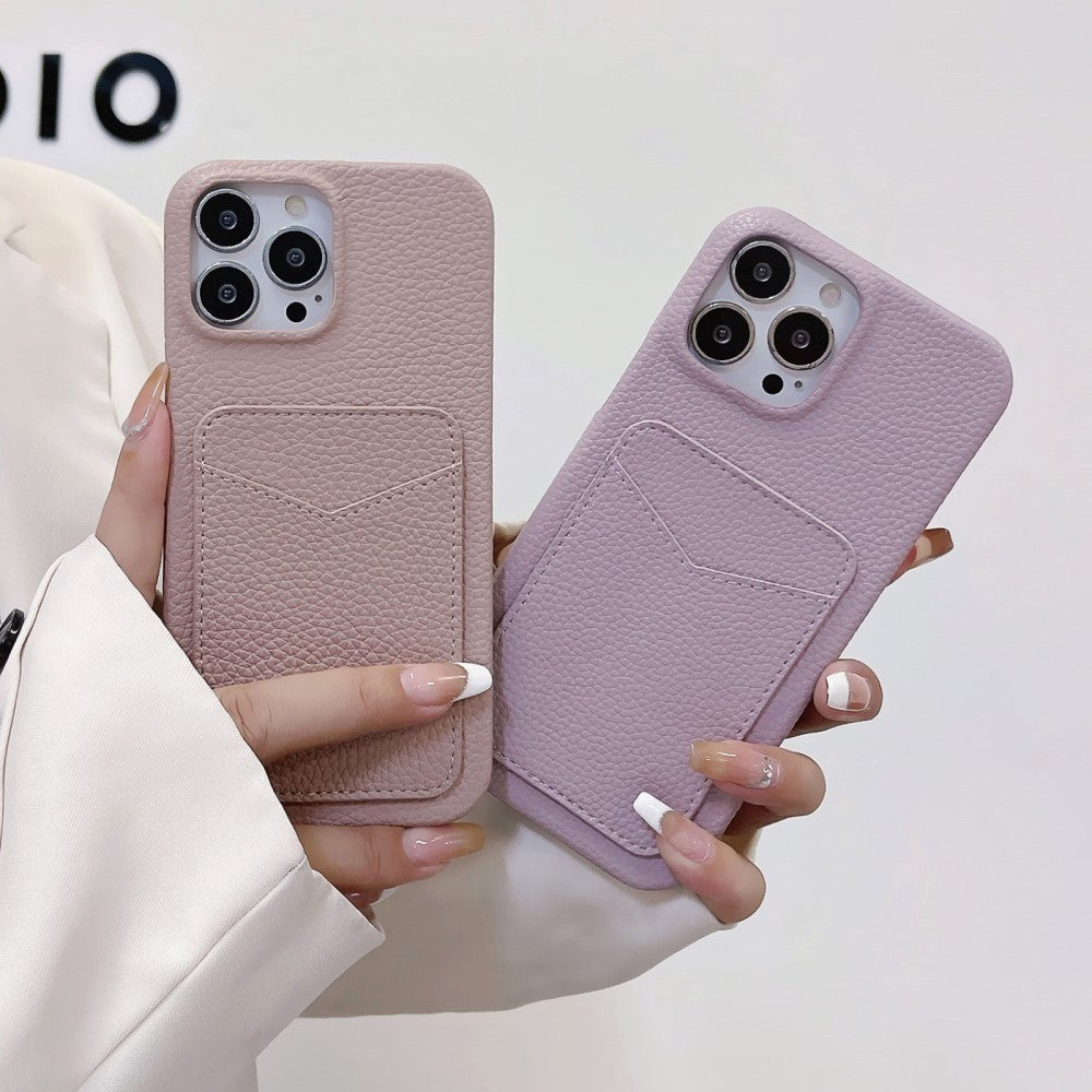 iPhone 15 Litchi Læderbetrukket Plastik Bagside Cover m. Kortholder - Sort