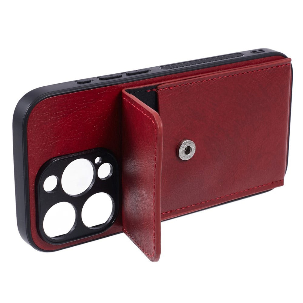 iPhone 15 Pro Max Læderbetrukket Fleksibelt Plastik Bagside Cover m. Kortholder - Rød