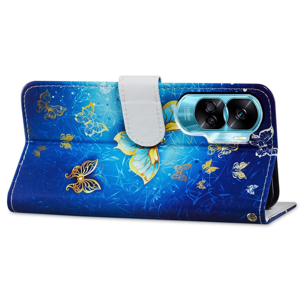 Honor 90 Lite Kunstlæder Flip Cover m. Pung og Strop - Guld Sommerfugle