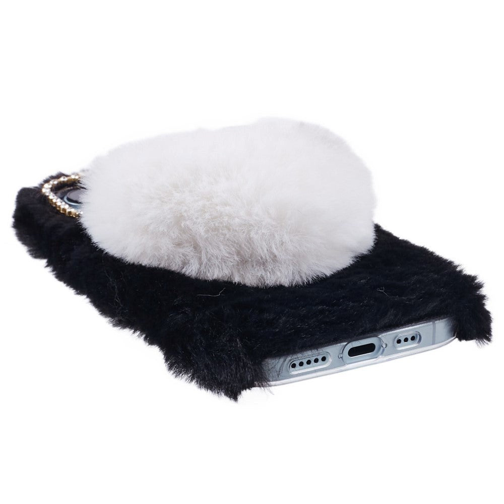 iPhone 15 Fleksibelt Plastik Bagside Cover m. Pels - Hjerte - Sort / Hvid