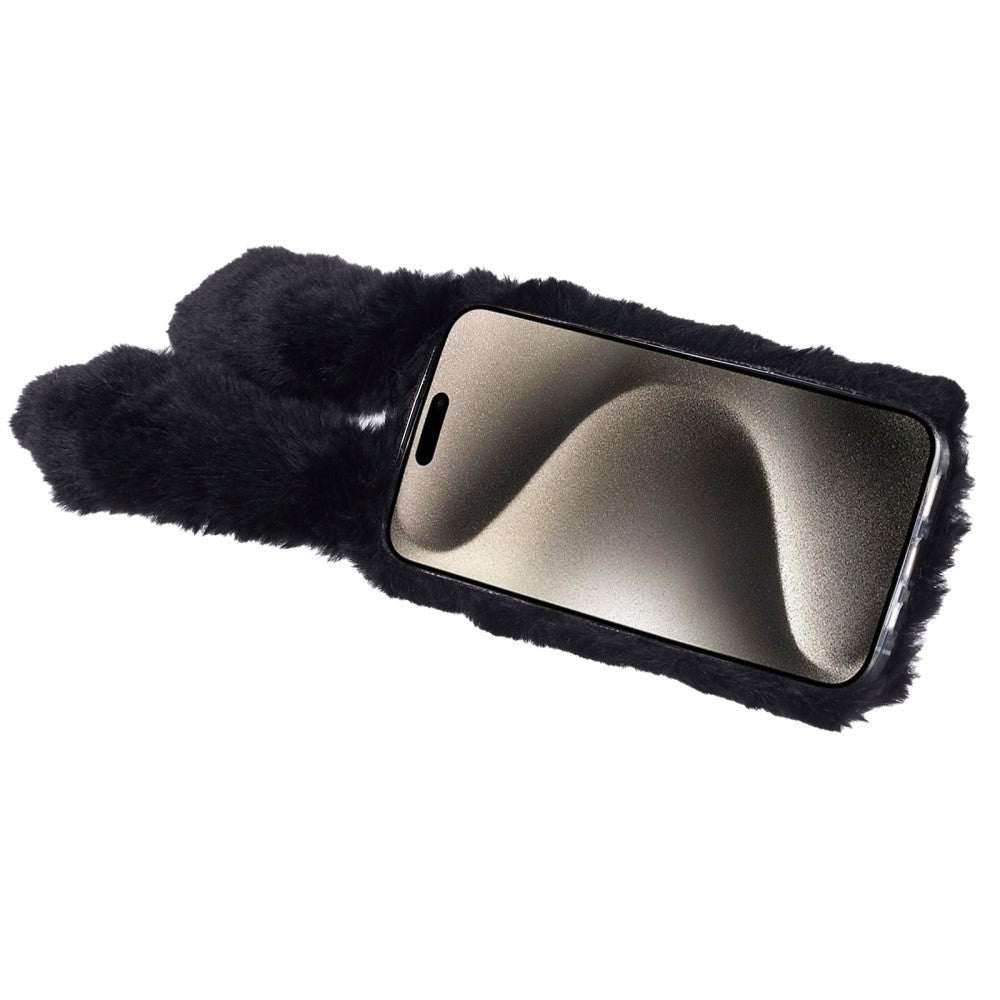 iPhone 15 Fleksibelt Plastik Bagside Cover m. Pels - Kaninører - Sort