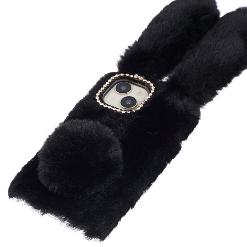 iPhone 15 Fleksibelt Plastik Bagside Cover m. Pels - Kaninører - Sort