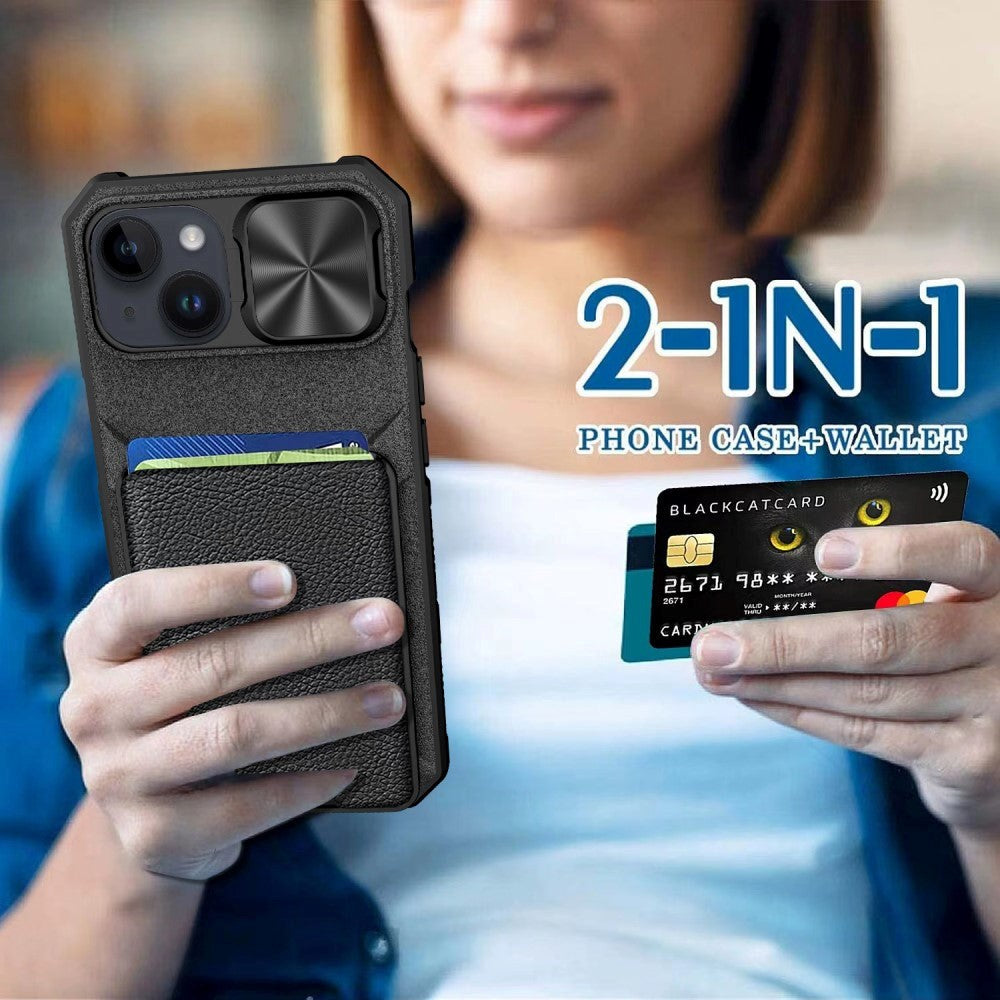 iPhone 15 Hybrid Håndværker Bagside Cover m. Kortholder & Cam Slider - MagSafe Kompatibel - Sort