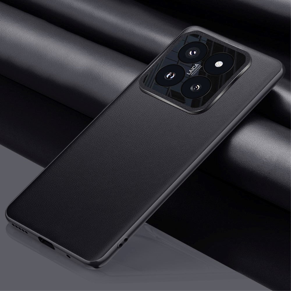 Xiaomi 14 Pro Læderbelagt Plastik Bagside Cover m. Indbygget Kamerabeskytter - Sort