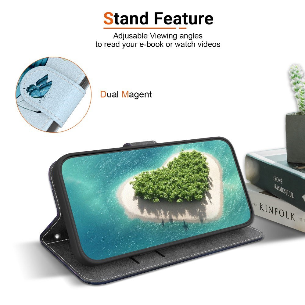 EIDERWOOD iPhone 16e Kunst Læder Flip Cover m. Pung & Strop - Blå Sommerfugl