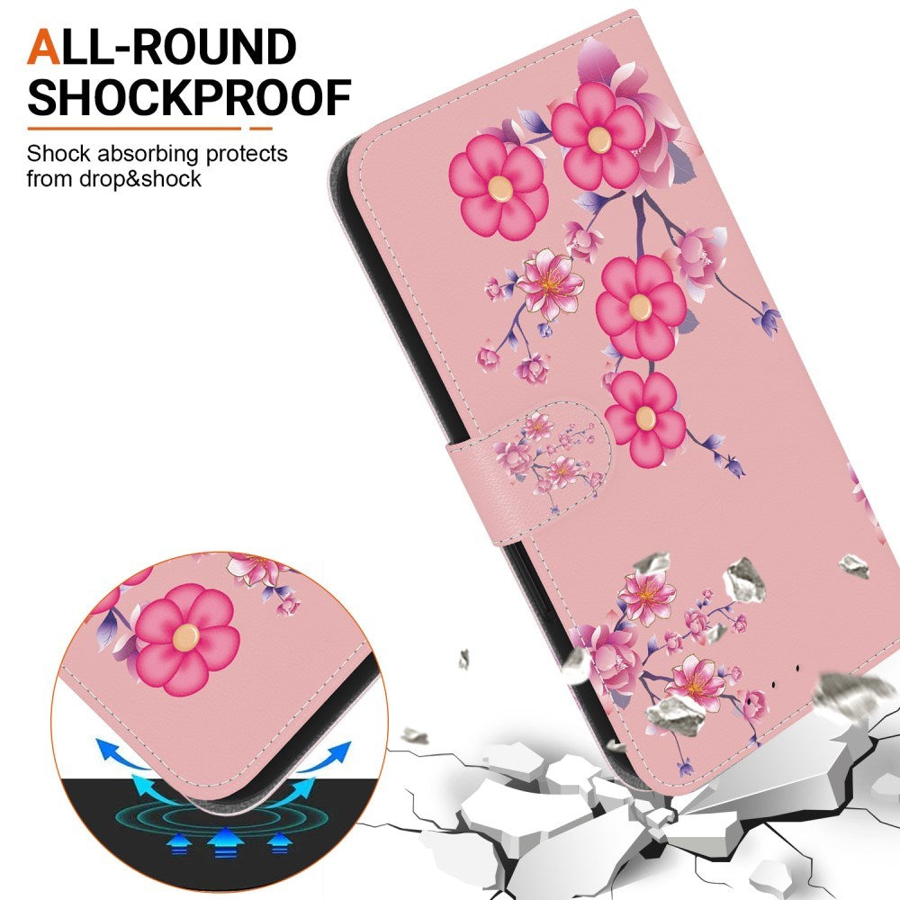 EIDERWOOD iPhone 16e Kunst Læder Flip Cover m. Pung & Strop - Lyserød med Blomster