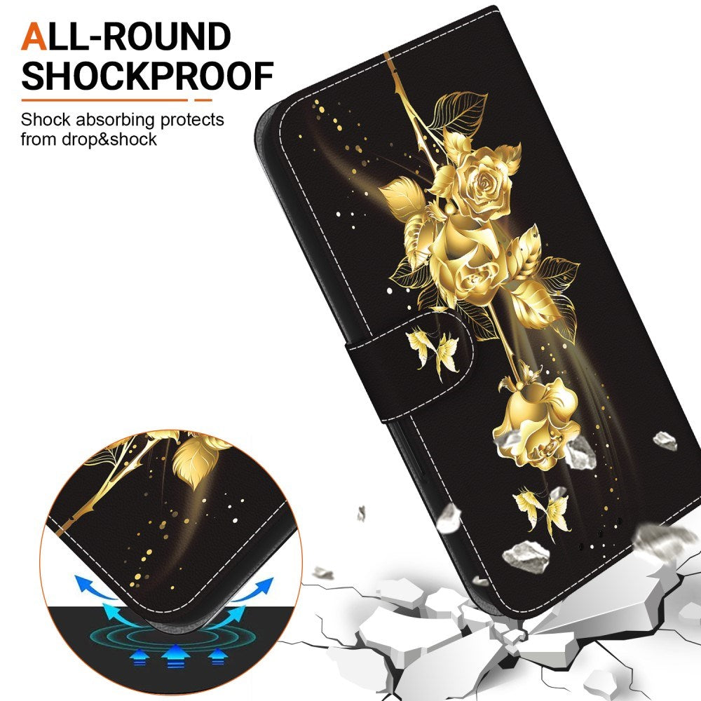 EIDERWOOD iPhone 17e / 16e Kunst Læder Flip Cover m. Pung & Strop - Guld Rose