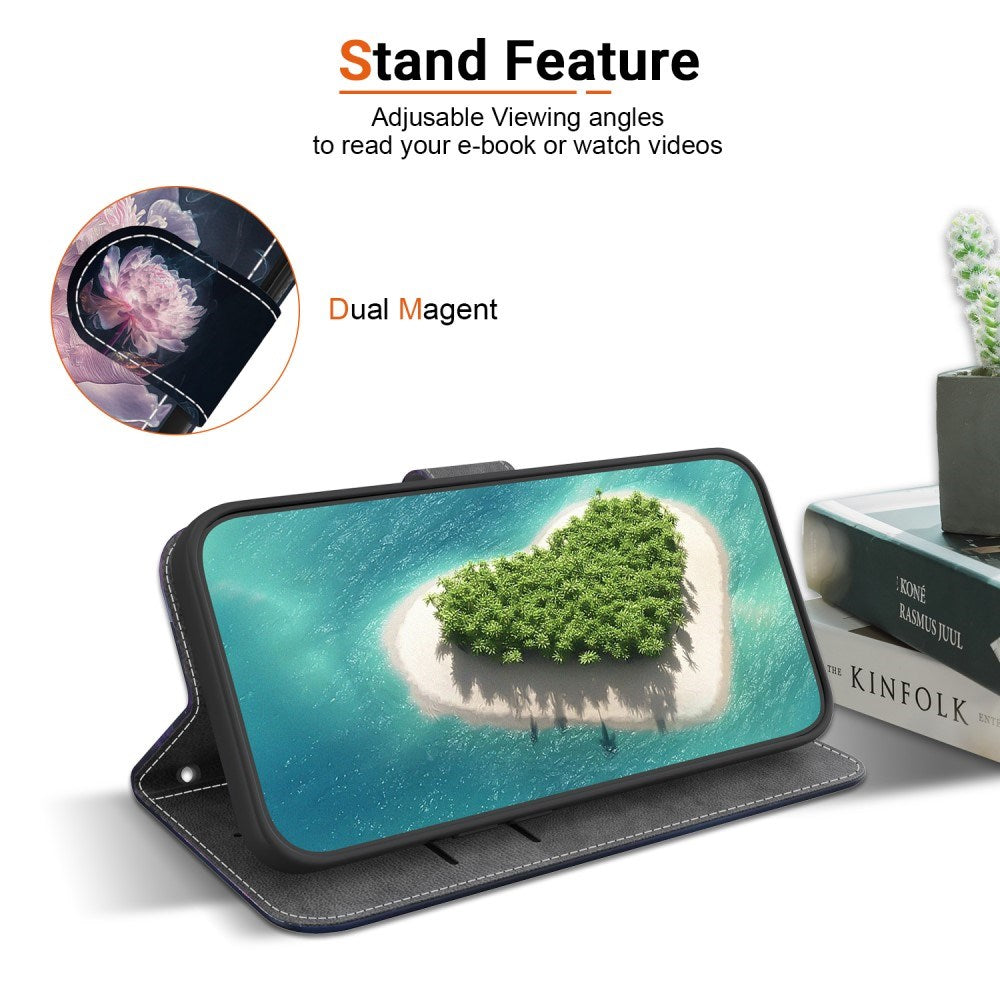 EIDERWOOD iPhone 16e Kunst Læder Flip Cover m. Pung & Strop - Lilla Pæon