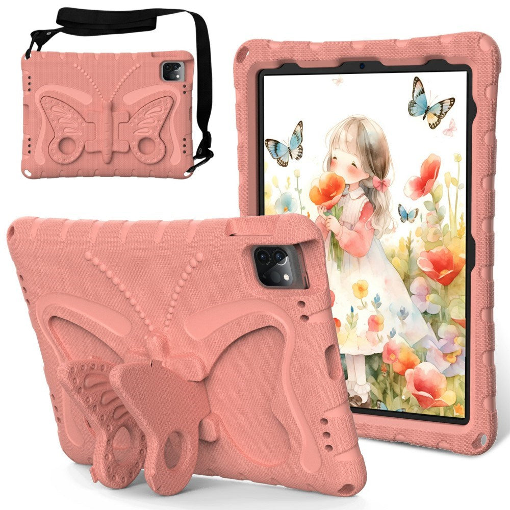 EIDERWOOD iPad Air 13" (2025 / 2024) / Pro 13" (2025 / 2024) / Pro 12.9" (2022-2018) Butterfly Kickstand Børne Cover m. Skulderstrop - Koral