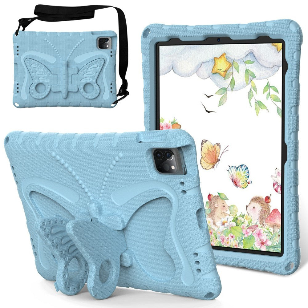 EIDERWOOD iPad Air 13" (2025 / 2024) / Pro 13" (2025 / 2024) / Pro 12.9" (2022-2018) Butterfly Kickstand Børne Cover m. Skulderstrop - Lyseblå