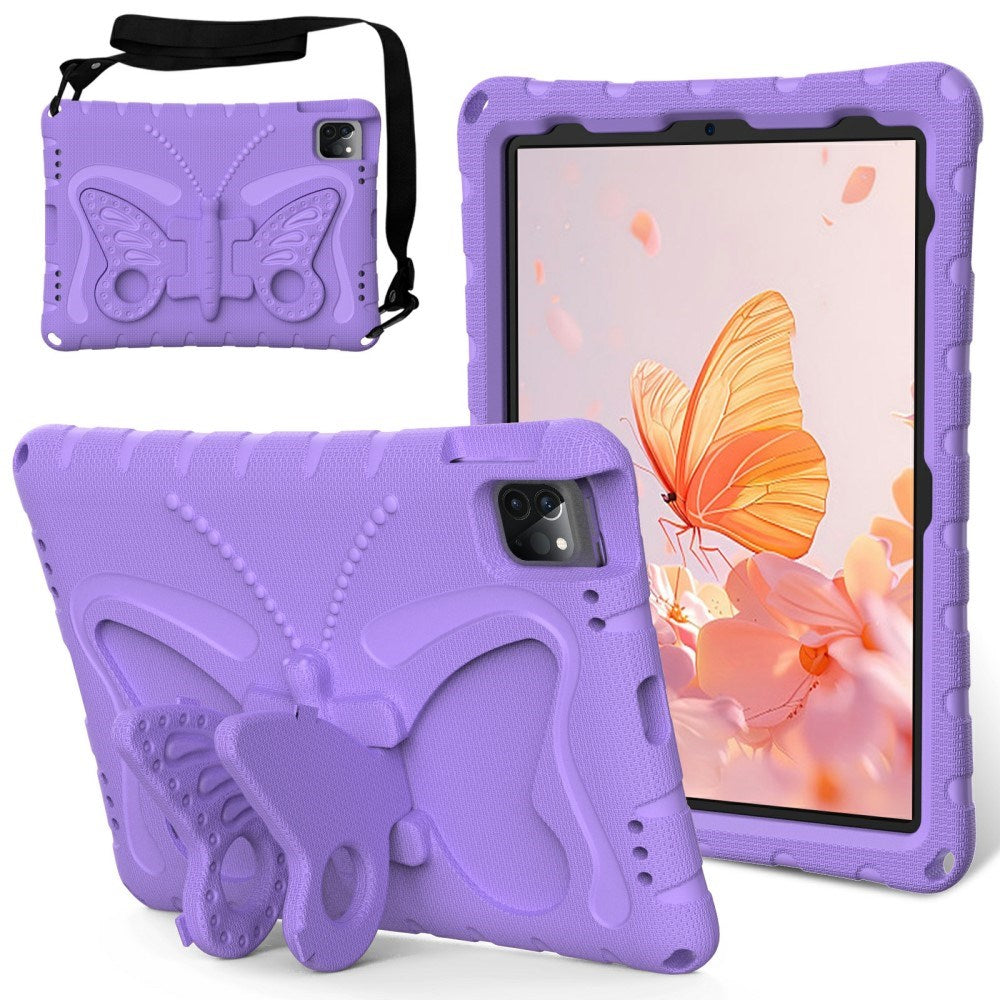 EIDERWOOD iPad Air 13" (2025 / 2024) / Pro 13" (2025 / 2024) / Pro 12.9" (2022-2018) Butterfly Kickstand Børne Cover m. Skulderstrop - Lilla