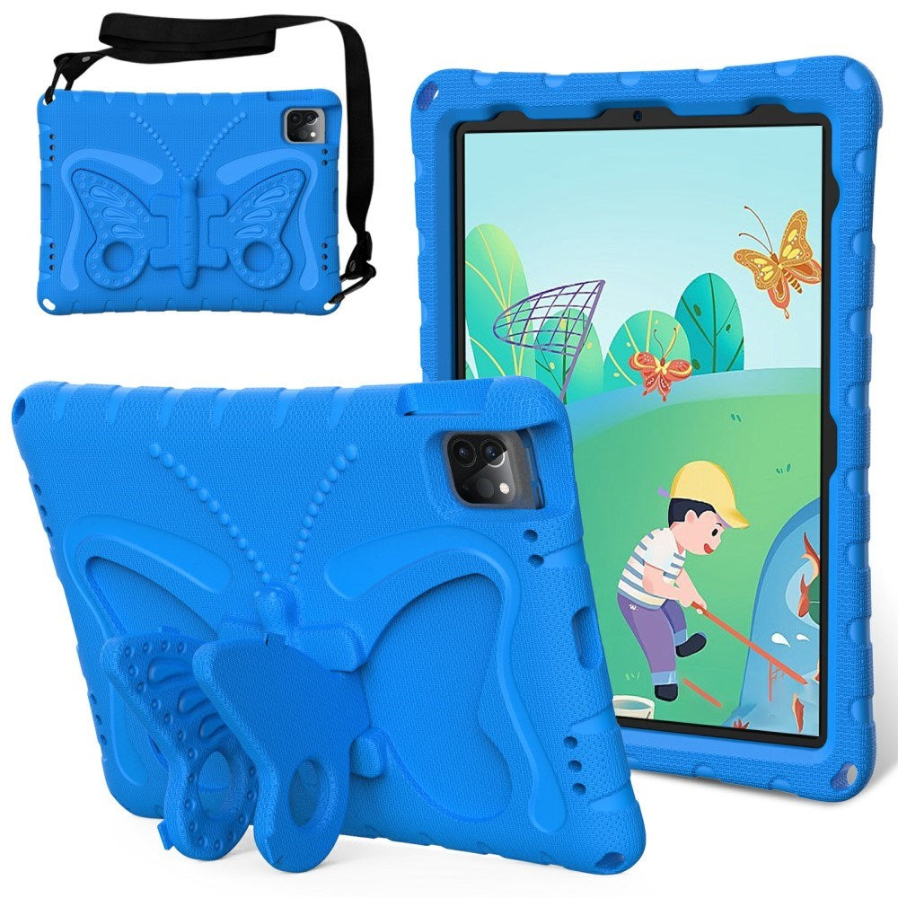 EIDERWOOD iPad Air 13" (2025 / 2024) / Pro 13" (2025 / 2024) / Pro 12.9" (2022-2018) Butterfly Kickstand Børne Cover m. Skulderstrop - Blå
