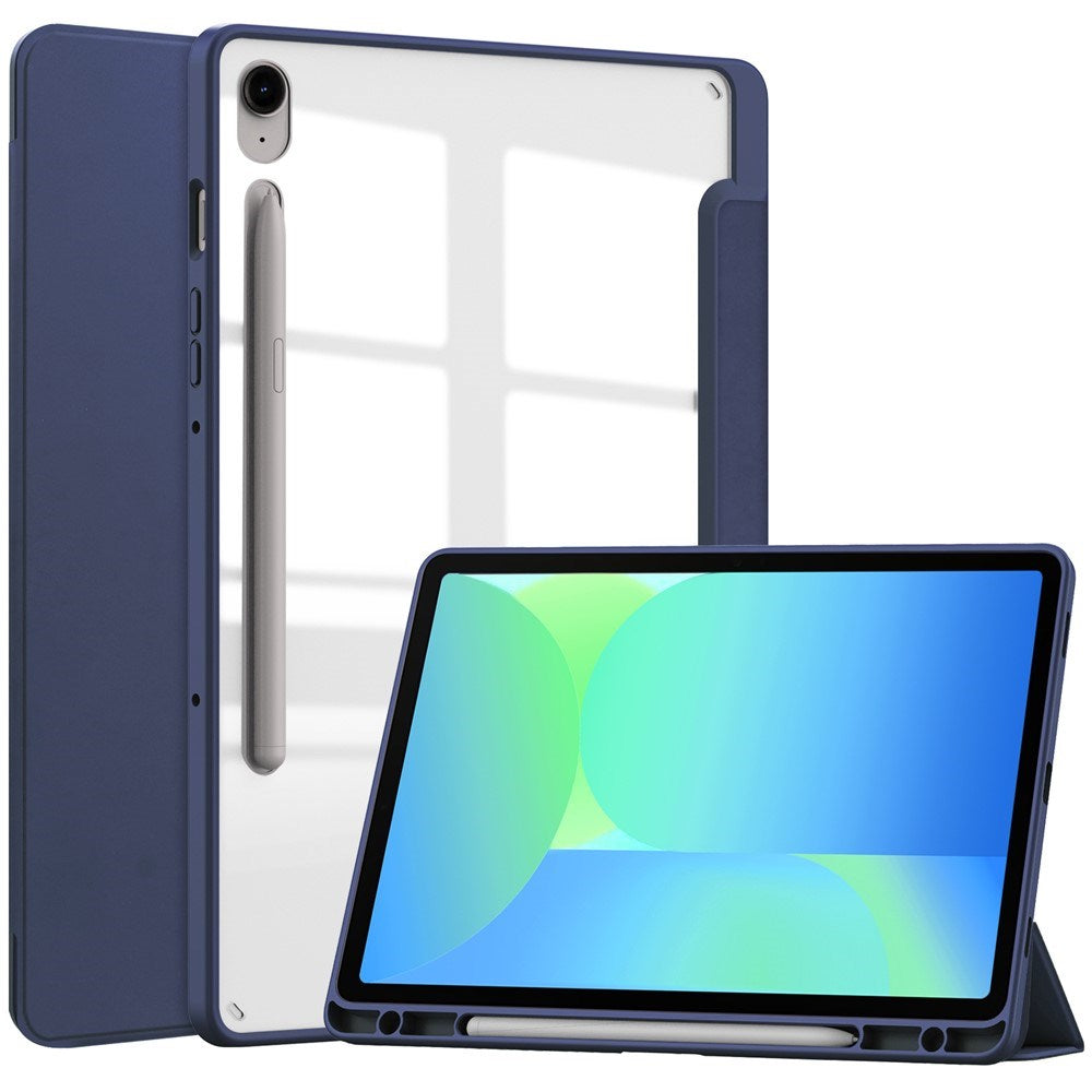 EIDERWOOD Samsung Galaxy Tab S10 Lite / S10 FE / S9 FE Tablet Flip Cover m. Ståfunktion & Stylus Pen-Holder - Gennemsigtig / Mørkeblå