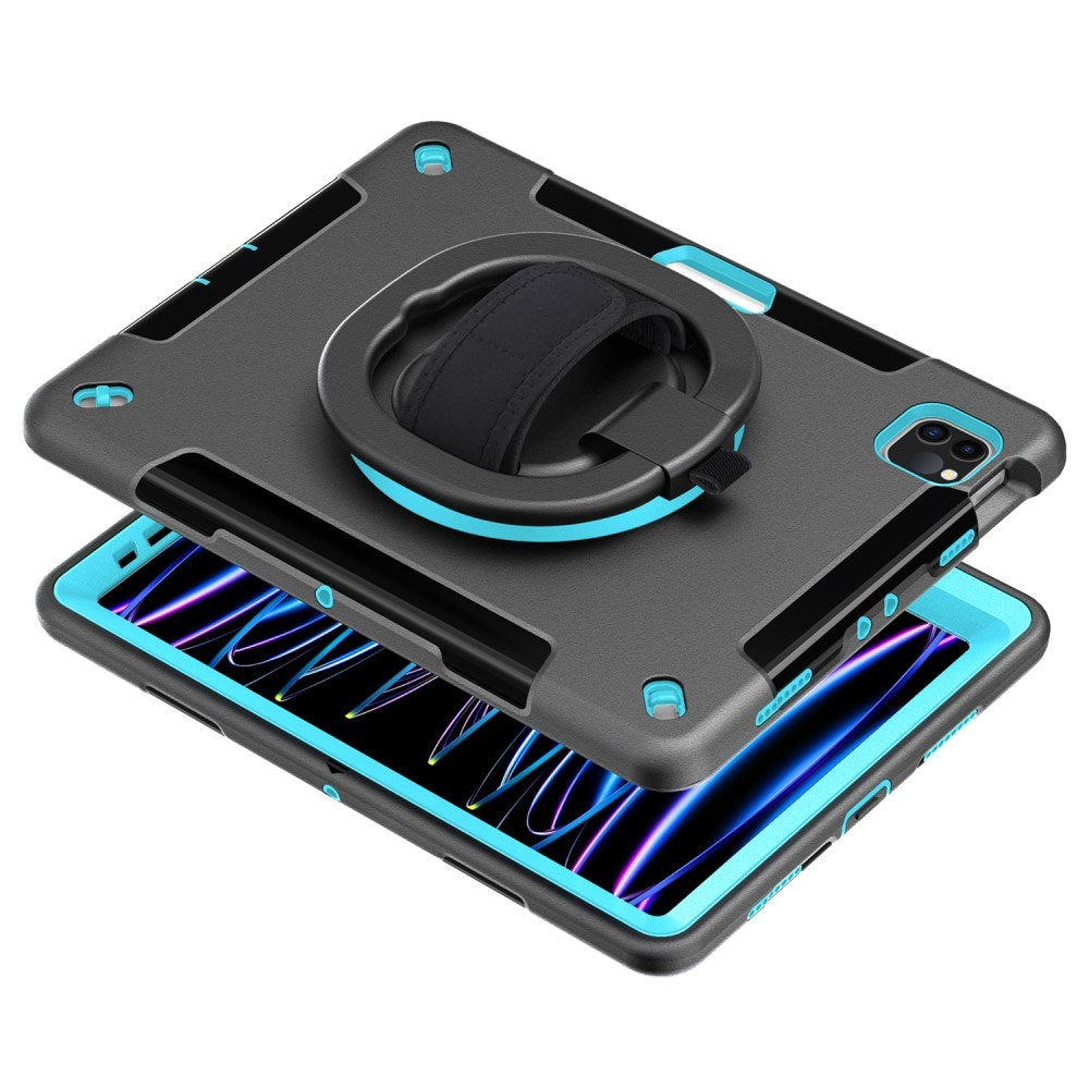 EIDERWOOD iPad Air 10.9-11" (2025-2020) / Pro 11" (2022-2018) Håndværker Cover m. Beskyttelsesfilm & Håndholder - Sort / Lyseblå