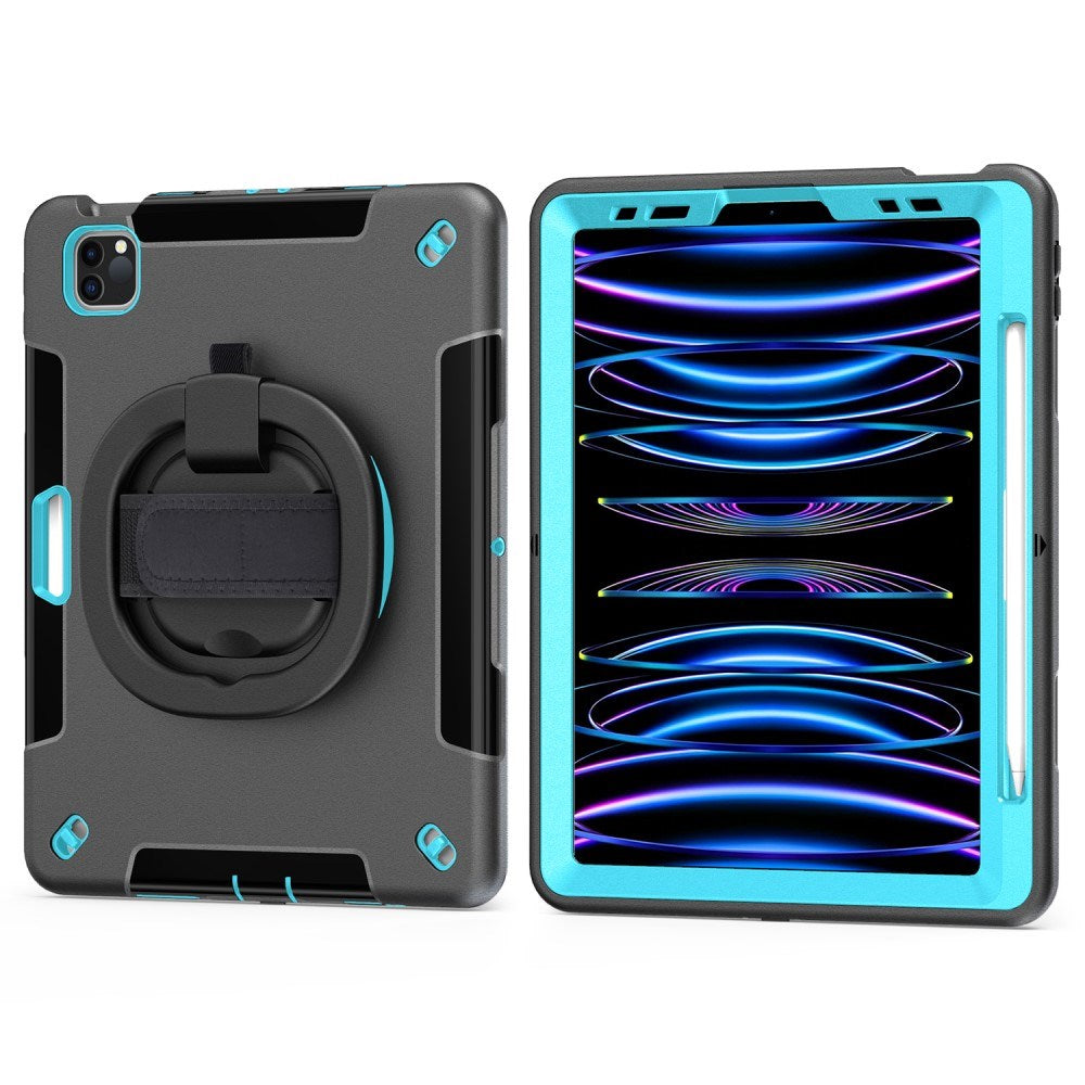 EIDERWOOD iPad Air 10.9-11" (2025-2020) / Pro 11" (2022-2018) Håndværker Cover m. Beskyttelsesfilm & Håndholder - Sort / Lyseblå