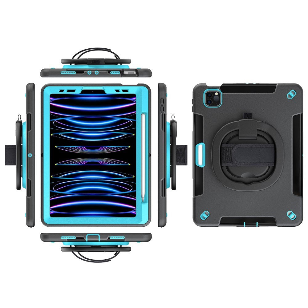 EIDERWOOD iPad Air 10.9-11" (2025-2020) / Pro 11" (2022-2018) Håndværker Cover m. Beskyttelsesfilm & Håndholder - Sort / Lyseblå