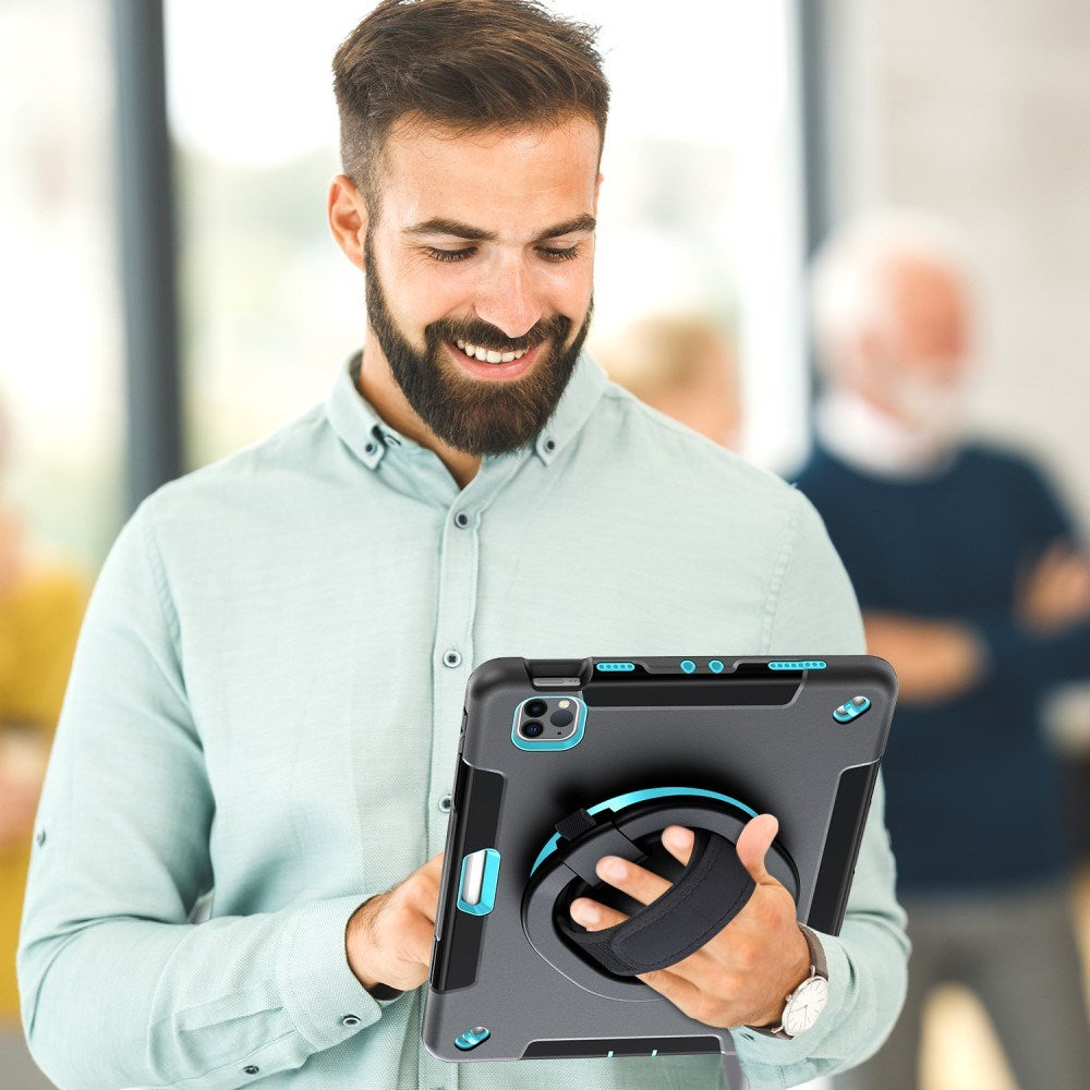 EIDERWOOD iPad Air 10.9-11" (2025-2020) / Pro 11" (2022-2018) Håndværker Cover m. Beskyttelsesfilm & Håndholder - Sort / Lyseblå