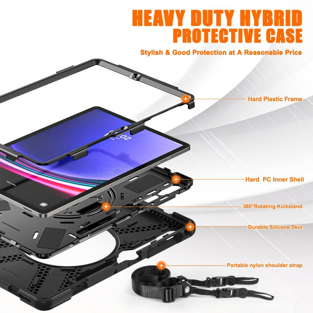 Samsung Galaxy Tab S9+ / S8+ / S7+ (Plus) / S7 FE Håndværker Bagside Cover m. Håndholder, Kickstand, Pencil Holder & Skulderstrop - Sort