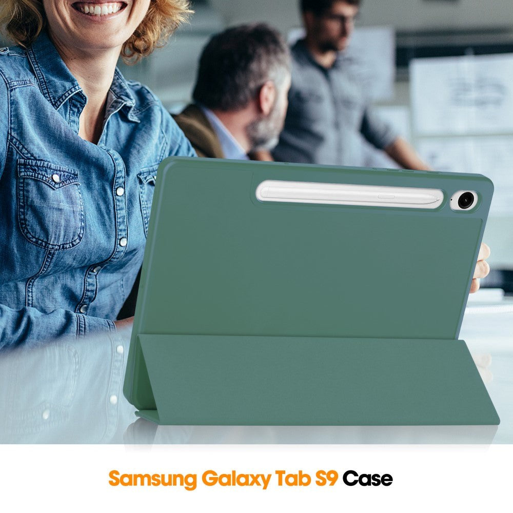 Samsung Galaxy Tab S10 FE / S9 FE Magnetisk Tri-Fold Læder Flip Cover m. Pencil Holder - Grøn