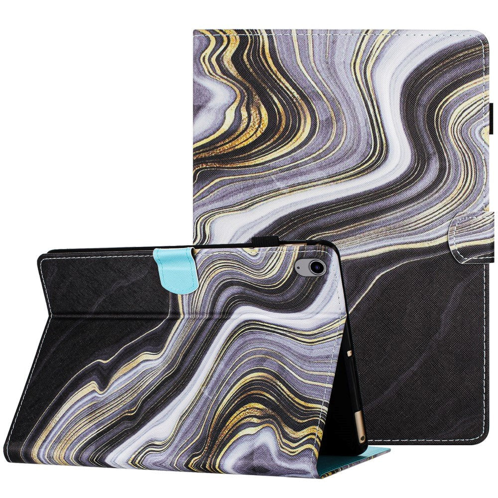 iPad 11" (2025) / iPad 10.9" (2024/2022) Læder Flip Cover m. Ståfunktion & Kortholder - Sort / Guld Marmor