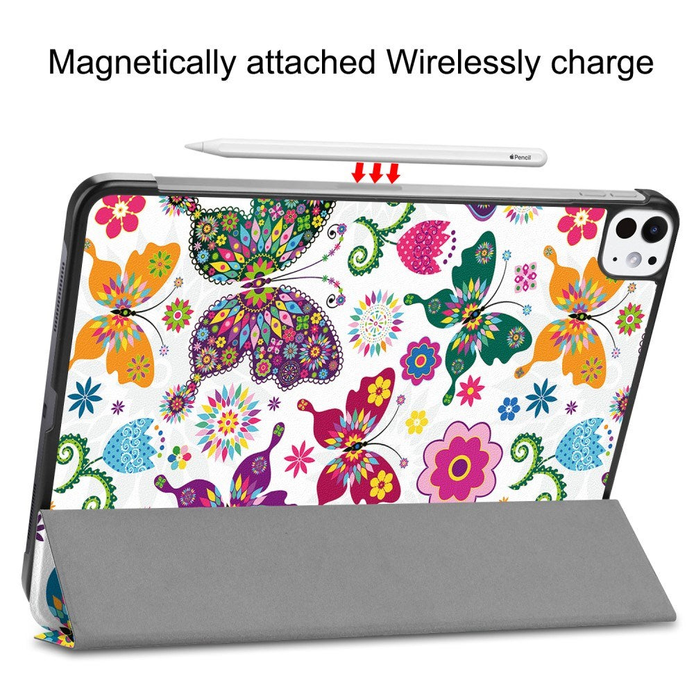 EIDERWOOD iPad Pro 11" (2025 / 2024) Tri-Fold Kunstlæder Flip Cover m. Vågeblus Funktion - Sommerfugle