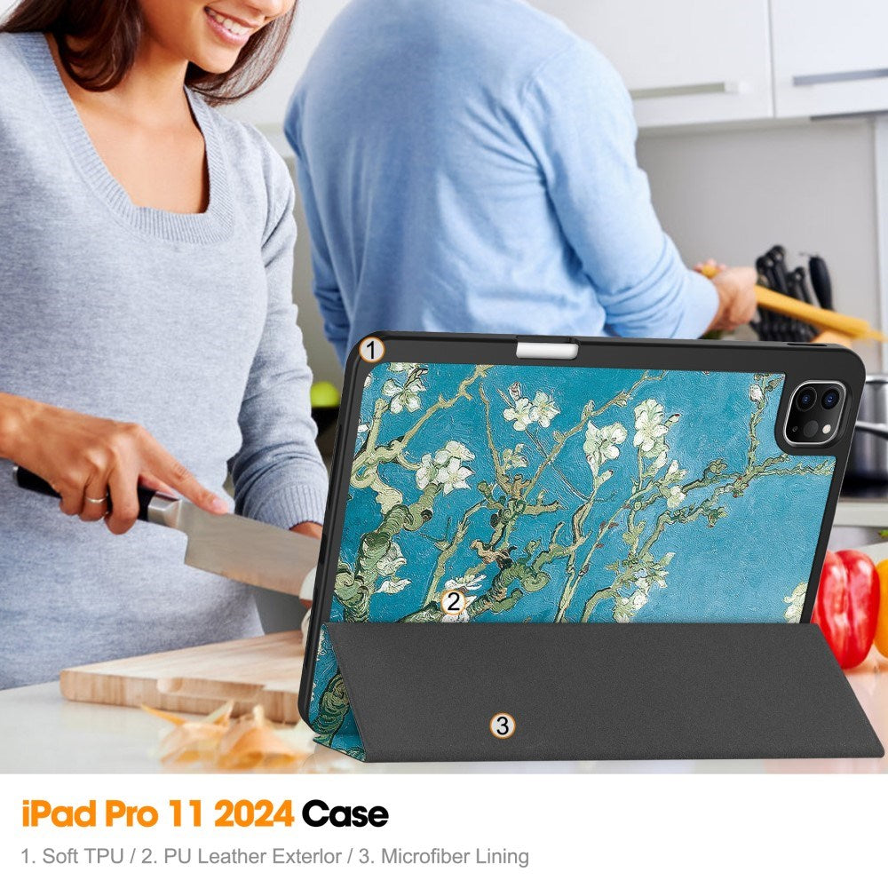 EIDERWOOD iPad Pro 11" (2025 / 2024) Tri-Fold Kunstlæder Flip Cover m. Vågeblus Funktion - Blomster