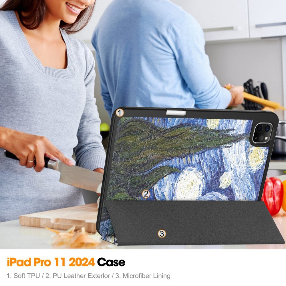 EIDERWOOD iPad Pro 11" (2025 / 2024) Tri-Fold Kunstlæder Flip Cover m. Vågeblus Funktion - Maleri