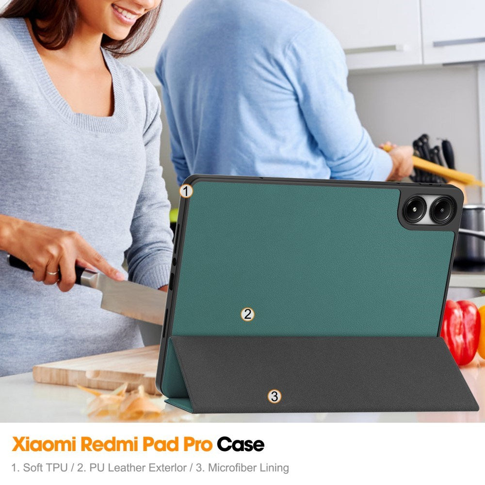 EIDERWOOD Xiaomi Redmi Pad Pro Tri-Fold Kunst Læder Flip Cover m. Stylus Pencil Holder - Grøn
