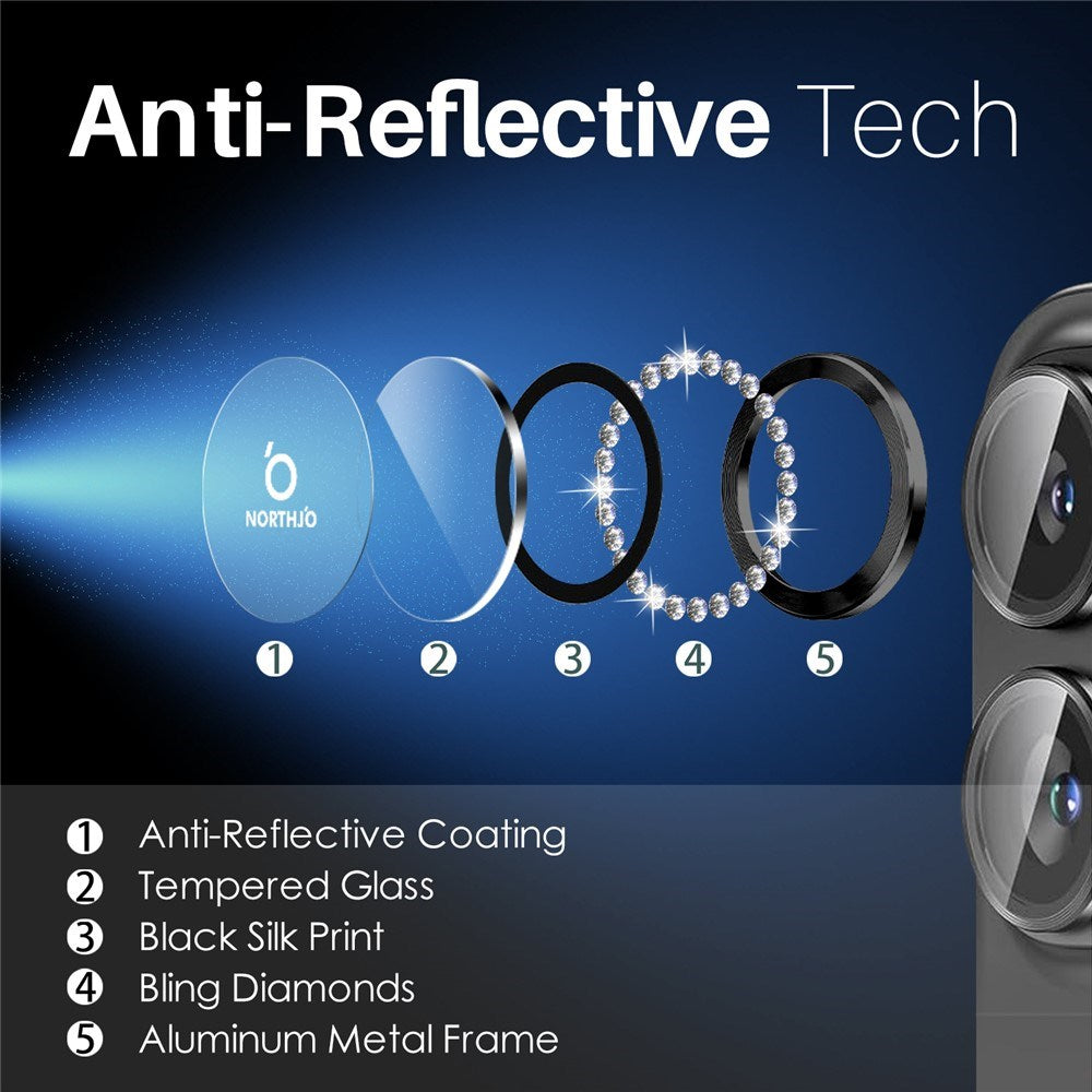NORTHJO iPhone 16 / 16 Plus Beskyttelse til Kameralinse m. Pyntesten - Sort