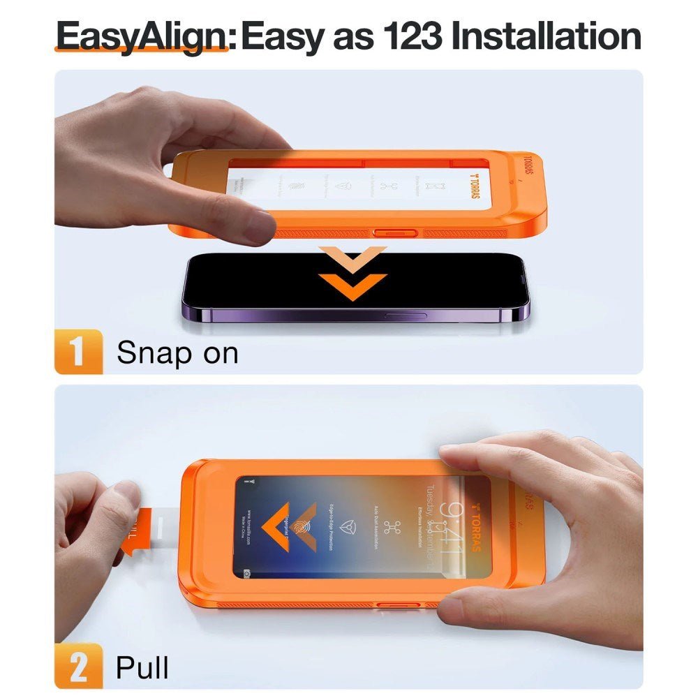 TORRAS - iPhone 16 Pro - Full Fit Skærmbeskyttelse m. Installationsramme - Privacy Funktion - Gennemsigtig