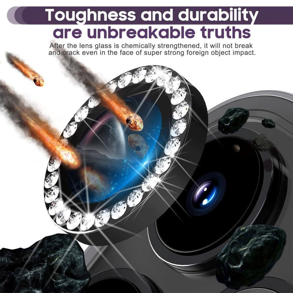 Kameralinse Beskyttelse m. Rhinsten til iPhone 15 Pro / 15 Pro Max - Sort