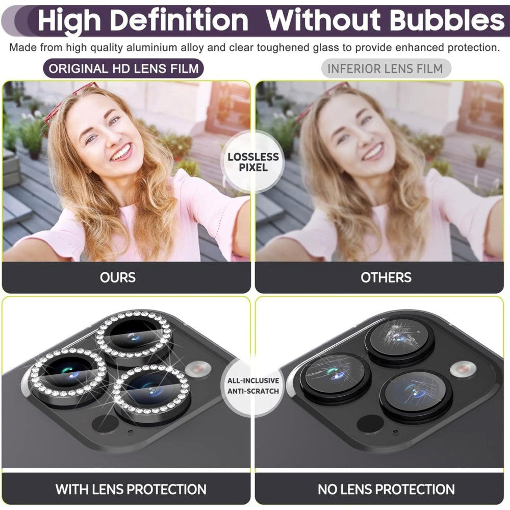 Kameralinse Beskyttelse m. Rhinsten til iPhone 15 Pro / 15 Pro Max - Sort