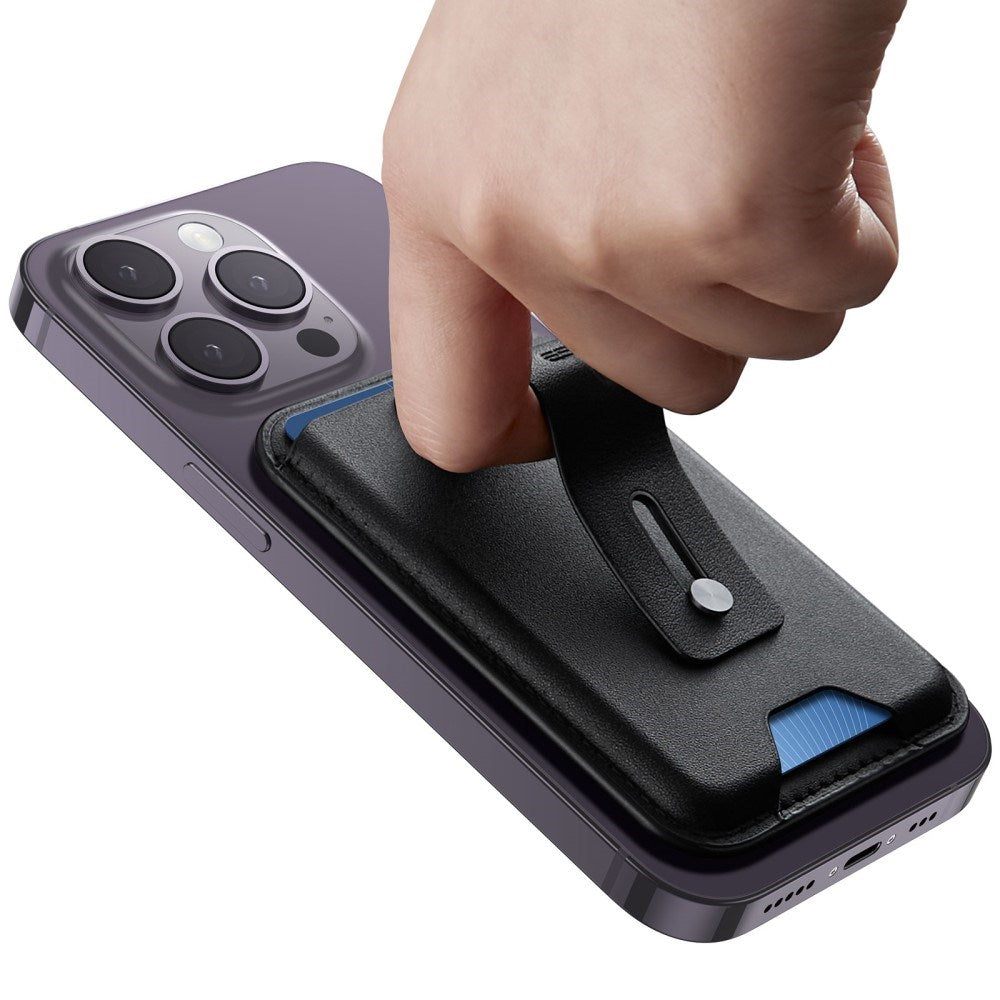 ESR Magnetisk Kunstlæder Kortholder m. Ståfunktion & Strop - MagSafe Komptibel - Sort