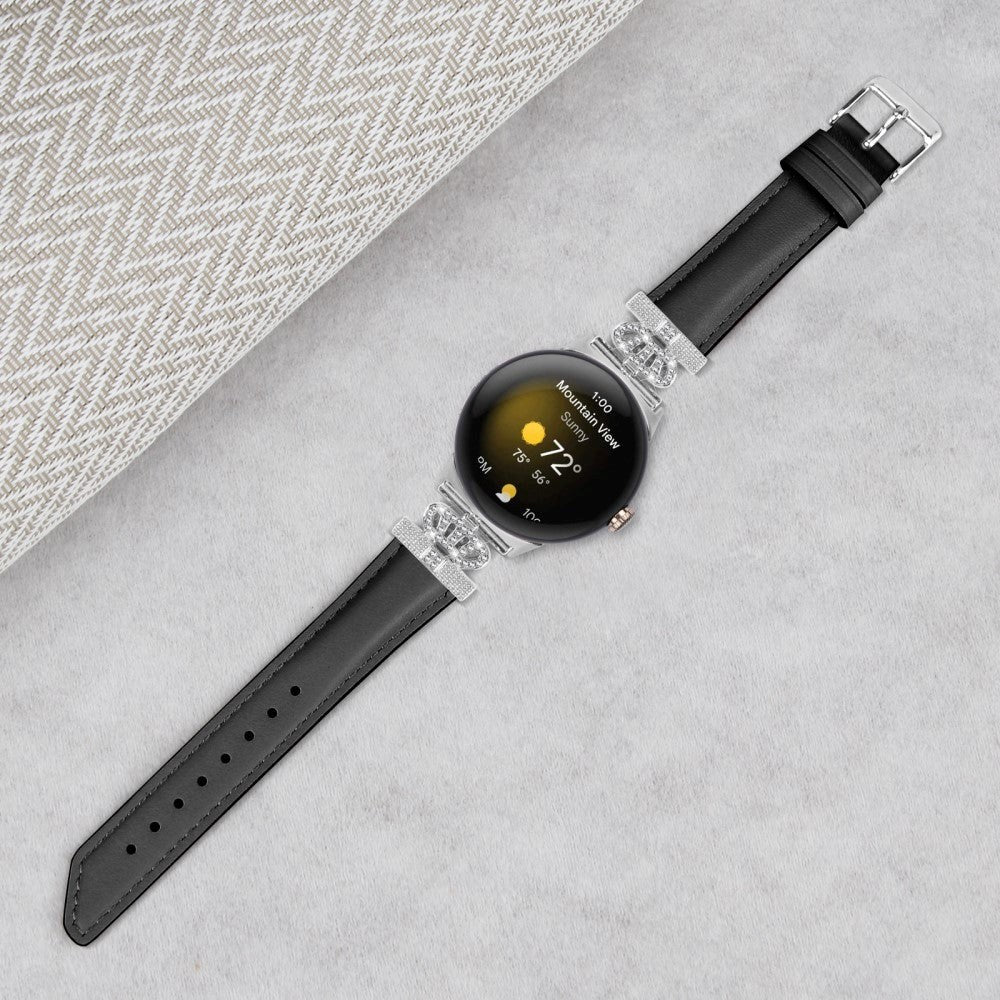 Google Pixel Watch 1 / 2 / 3 (41mm) Læder Urrem m. Sølv Rhinsten Spænde - Sort