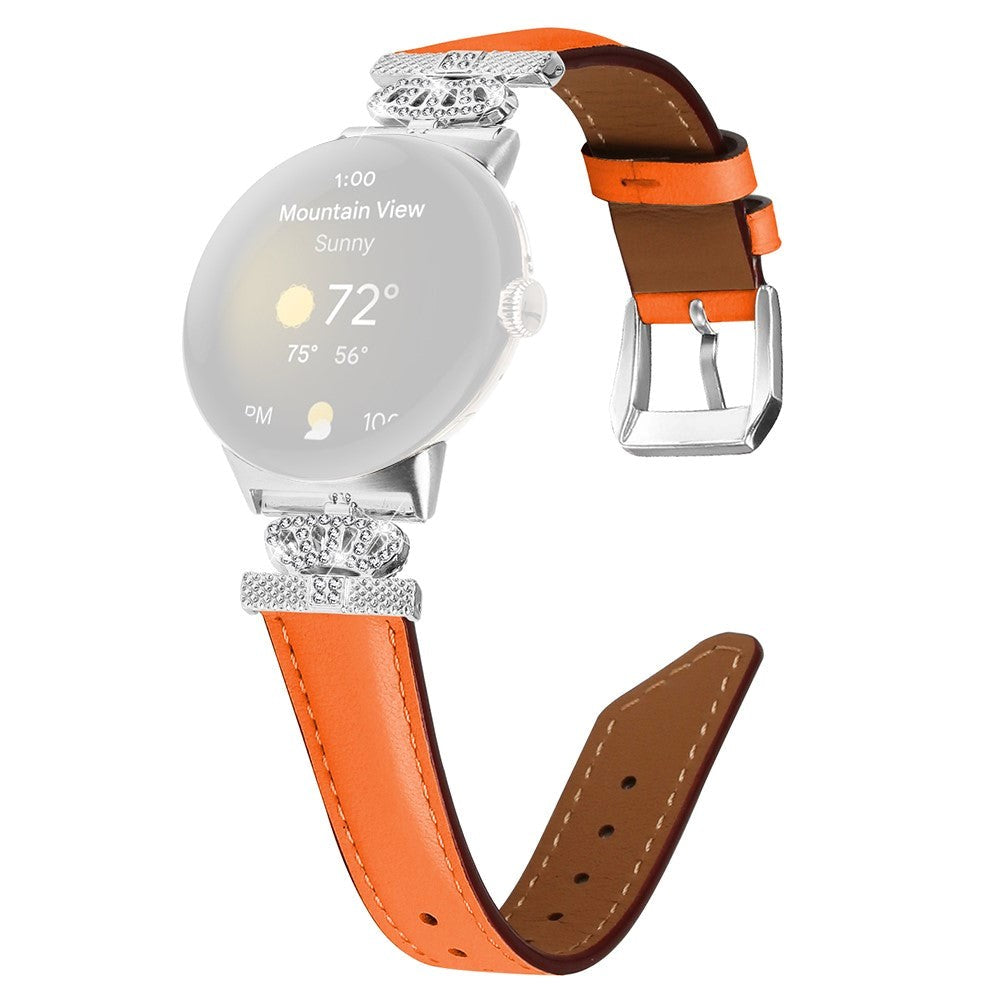 Google Pixel Watch 1 / 2 / 3 (41mm) Læder Urrem m. Sølv Rhinsten Spænde - Orange