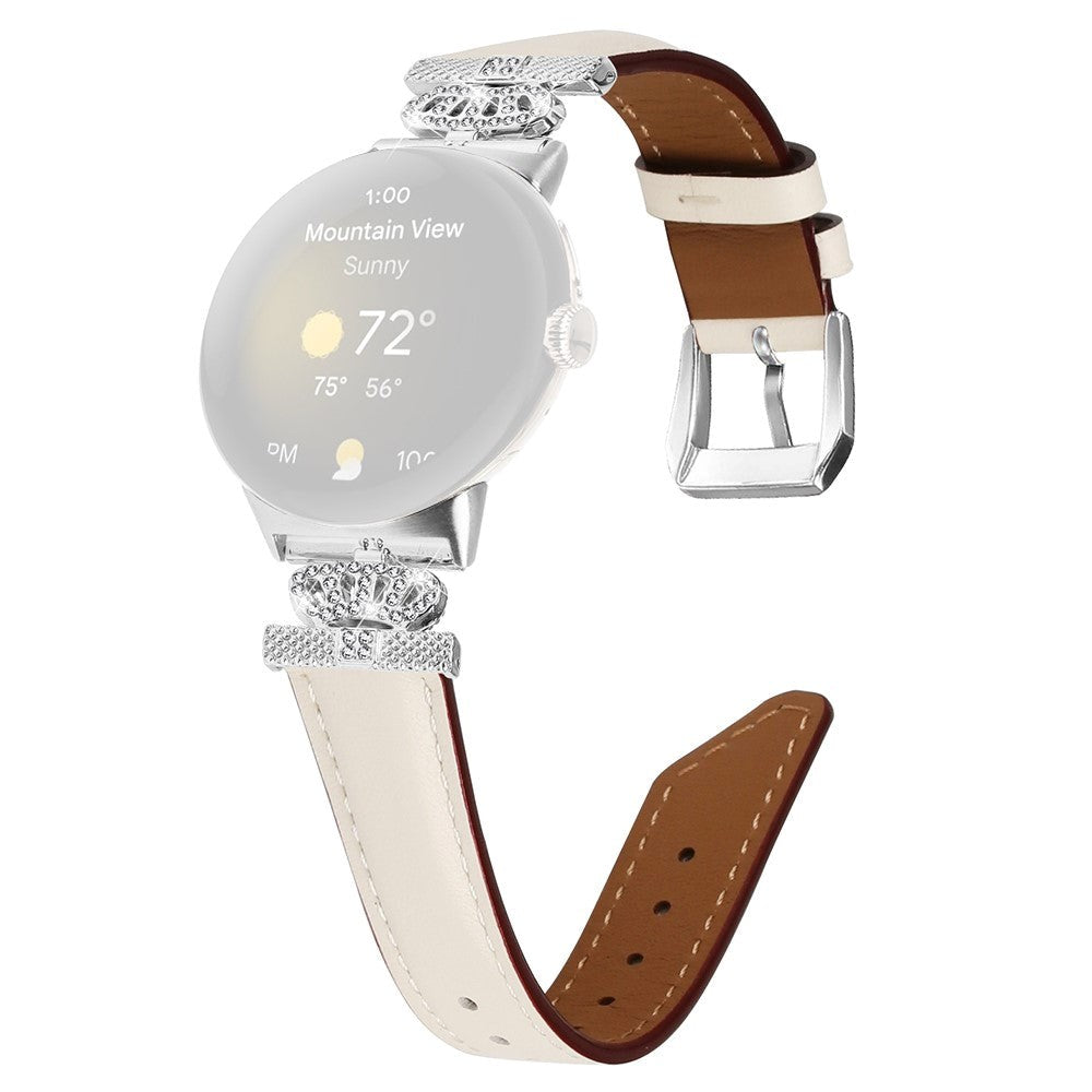 Google Pixel Watch 1 / 2 / 3 (41mm) Læder Urrem m. Sølv Rhinsten Spænde - Beige