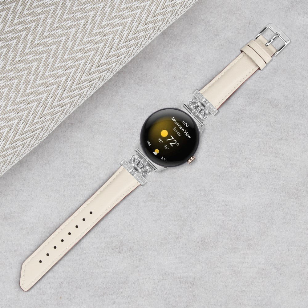 Google Pixel Watch 1 / 2 / 3 (41mm) Læder Urrem m. Sølv Rhinsten Spænde - Beige