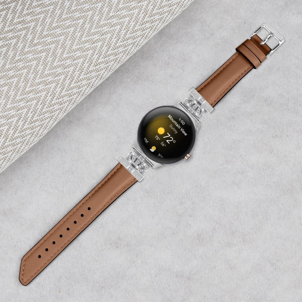 Google Pixel Watch 1 / 2 / 3 (41mm) Læder Urrem m. Sølv Rhinsten Spænde - Brun