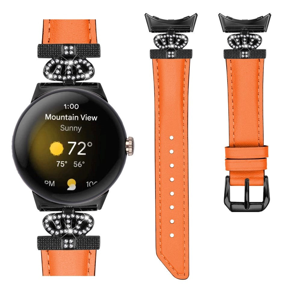 Google Pixel Watch 1 / 2 / 3 (41mm) Læder Urrem m. Sort Rhinsten Spænde - Orange
