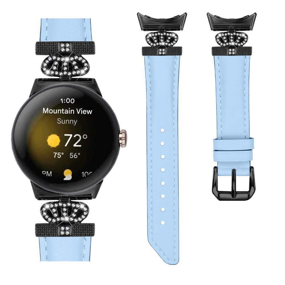 Google Pixel Watch 1 / 2 / 3 (41mm) Læder Urrem m. Sort Rhinsten Spænde - Blå