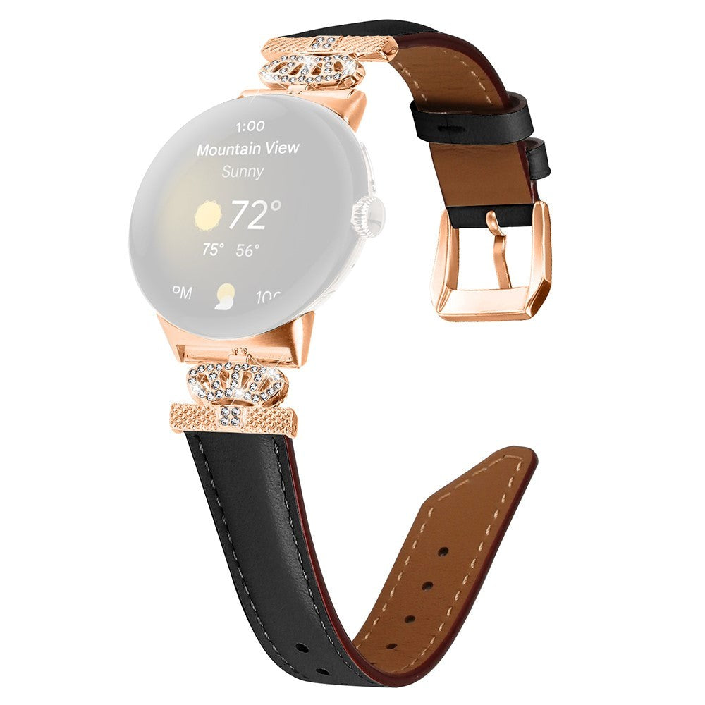 Google Pixel Watch 1 / 2 / 3 (41mm) Læder Urrem m. Rose Gold Rhinsten Spænde - Sort