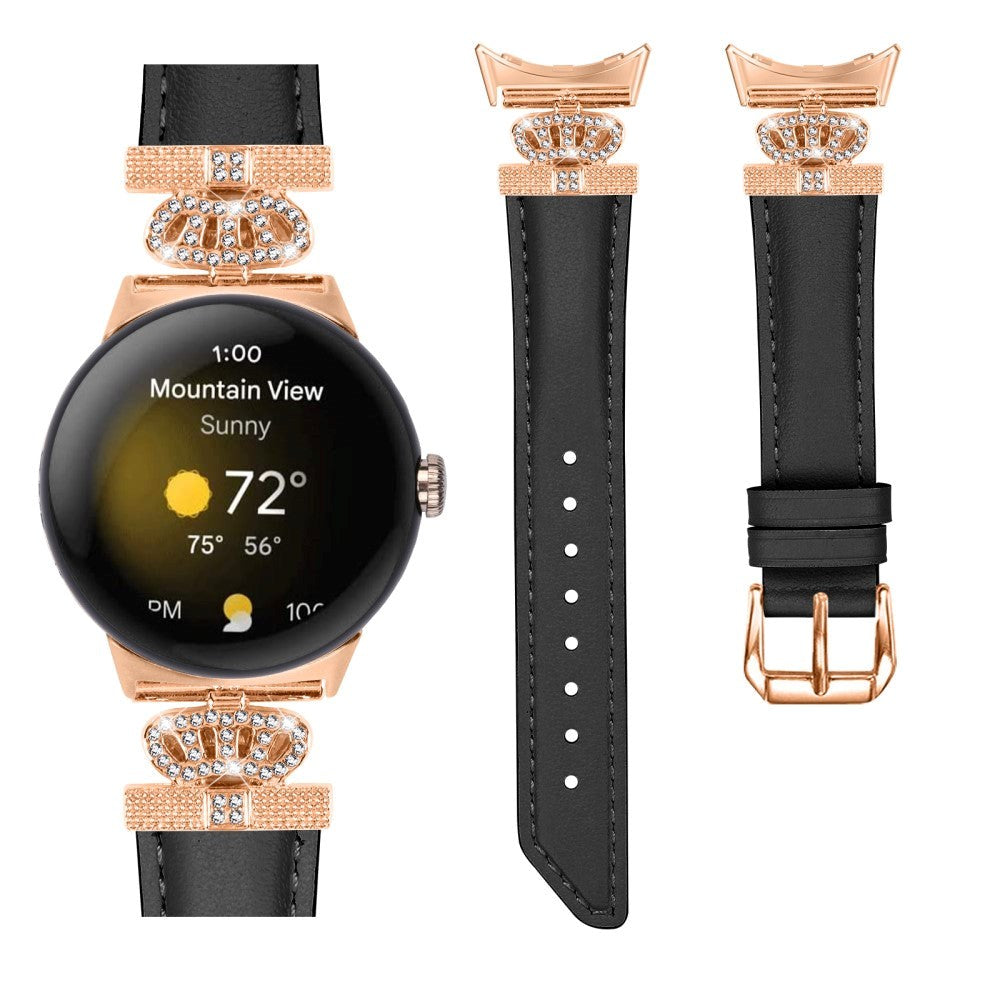 Google Pixel Watch 1 / 2 / 3 (41mm) Læder Urrem m. Rose Gold Rhinsten Spænde - Sort