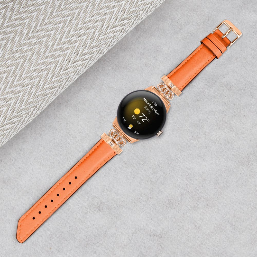 Google Pixel Watch 1 / 2 / 3 (41mm) Læder Urrem m. Rose Gold Rhinsten Spænde - Orange