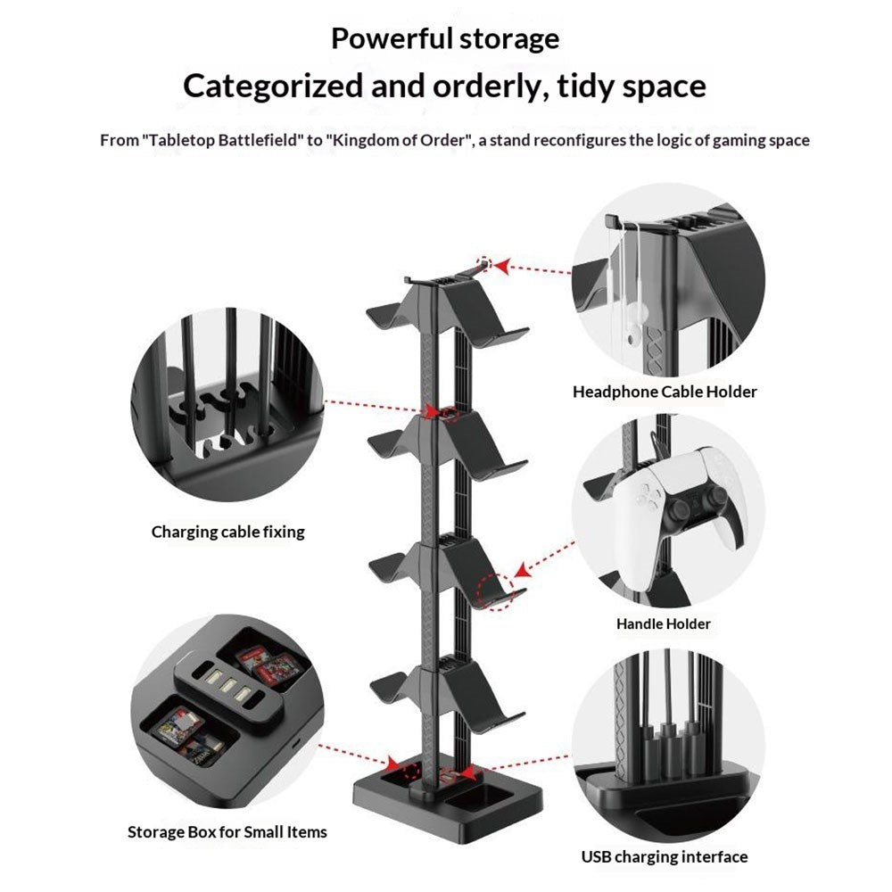 Universal Holder til Spillekonsol - 8 x Pladser - 3 x USB-A Stik - Sort