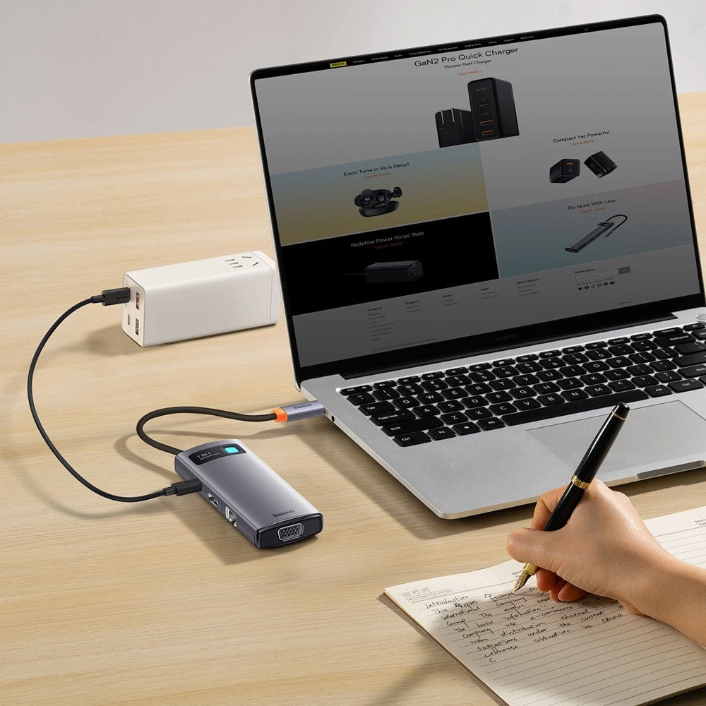 Baseus 7-i-1 USB-C Multiport Adapter - 3 x USB-A 1 x USB-C 1 x HDMI 1 x VGA 1 x RJ45 - Grå