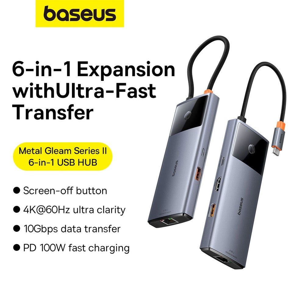 Baseus USB-C 6-i-1 Multiport Hub m. 2 x USB-C 2 x USB-A 1 x HDMI 1 x RJ45 - Grå